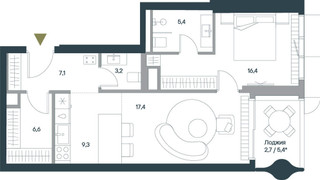 Планировка двухкомнатной(квартира) площадью 68.1 квадратных метров в “ЖК Springs (Спрингс)”