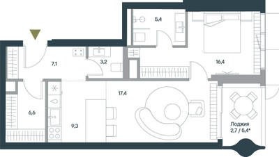 Планировка двухкомнатной(квартира) площадью 68.1 квадратных метров в ЖК “ЖК Springs (Спрингс)”