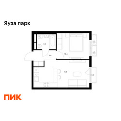 Планировка однокомнатной(квартира) площадью 36.5 квадратных метров в ЖК “ЖК Яуза Парк (Мытищи)”