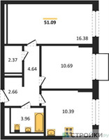Планировка двухкомнатной(квартира) площадью 51.09 квадратных метров в “ЖК Новое Внуково”