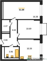 Планировка двухкомнатной(квартира) площадью 51.09 квадратных метров в ЖК “ЖК Новое Внуково”