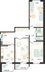 Планировка трехкомнатной(квартира) площадью 84.8 квадратных метров в ЖК “ЖК Оптима”