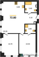 Планировка двухкомнатной(квартира) площадью 72.8 квадратных метров в “ЖК Мангазея на Тульской”