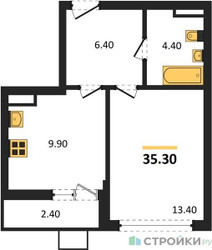 Планировка однокомнатной(квартира) площадью 35.3 квадратных метров в ЖК “ЖК Деснаречье”