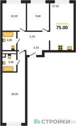 Планировка трехкомнатной(квартира) площадью 75 квадратных метров в ЖК “ЖК Shagal (Шагал)”