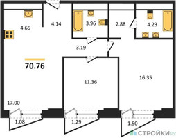 Планировка двухкомнатной(квартира) площадью 70.76 квадратных метров в “ЖК Moments (Моментс)”