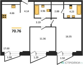 Планировка двухкомнатной(квартира) площадью 70.76 квадратных метров в ЖК “ЖК Moments (Моментс)”