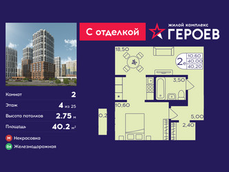 Планировка двухкомнатной(квартира) площадью 40.2 квадратных метров в ЖК “ЖК Героев”