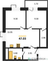 Планировка двухкомнатной(квартира) площадью 47.03 квадратных метров в “ЖК Радость (Радумля Парк)”