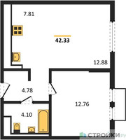 Планировка однокомнатной(квартира) площадью 42.33 квадратных метров в “ЖК Пригород Лесное”