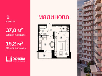 Планировка однокомнатной(квартира) площадью 37.8 квадратных метров в ЖК “ЖК Малиново”