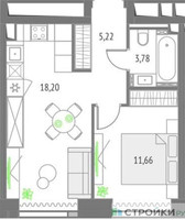 Планировка однокомнатной(квартира) площадью 38.86 квадратных метров в “ЖК Upside Towers (Апсайд Тауэрс)”