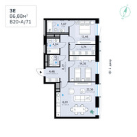 Планировка трехкомнатной(квартира) площадью 86.88 квадратных метров в “СберСити в Рублево-Архангельском”