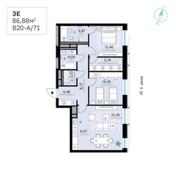 Планировка трехкомнатной(квартира) площадью 86.88 квадратных метров в ЖК “СберСити в Рублево-Архангельском”