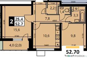 Планировка двухкомнатной(квартира) площадью 52.7 квадратных метров в “ЖК 1-й Южный (Первый Южный)”