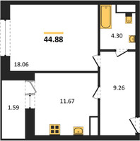 Планировка однокомнатной(квартира) площадью 44.88 квадратных метров в “ЖК Эдельвейс (Первомайское)”