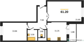 Планировка двухкомнатной(квартира) площадью 61.2 квадратных метров в “ЖК Школьный”