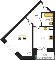 Планировка однокомнатной(квартира) площадью 33.7 квадратных метров в “ЖК Малиново”
