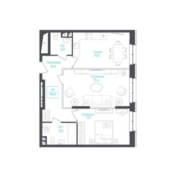 Планировка двухкомнатной(апартаменты) площадью 65.1 квадратных метров в ЖК “ЖК Monodom Lake”