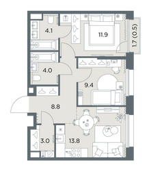 Планировка двухкомнатной(квартира) площадью 55.5 квадратных метров в ЖК “ЖК Станиславский”