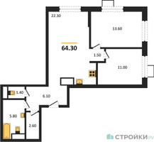 Планировка двухкомнатной(квартира) площадью 64.3 квадратных метров в “ЖК Foreville (Форевилль)”