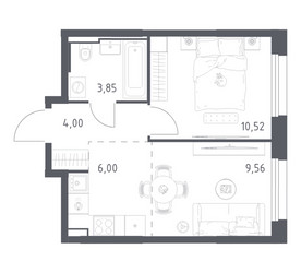 Планировка однокомнатной(квартира) площадью 33.93 квадратных метров в ЖК “ЖК Квартал Строгино”