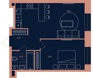 Планировка двухкомнатной(квартира) площадью 48.1 квадратных метров в ЖК “Квартал Эра”