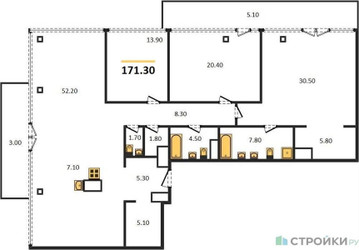 Планировка трехкомнатной(квартира) площадью 171.3 квадратных метров в ЖК “ЖК Собрание клубных домов West Garden (Вест Гарден)”
