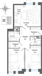 Планировка трехкомнатной(квартира) площадью 70.3 квадратных метров в ЖК “ЖК КИНОКВАРТАЛ”