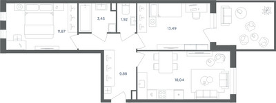 Планировка трехкомнатной(квартира) площадью 58.6 квадратных метров в ЖК “ЖК Равновесие”