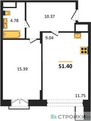 Планировка однокомнатной(квартира) площадью 51.4 квадратных метров в ЖК “ЖК TWICE”