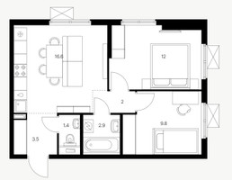 Планировка двухкомнатной(квартира) площадью 48.2 квадратных метров в “ЖК Юнино”
