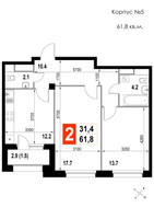 Планировка двухкомнатной(квартира) площадью 61.8 квадратных метров в “ЖК Мытищи Сити”
