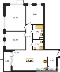 Планировка трехкомнатной(квартира) площадью 78 квадратных метров в ЖК “ЖК Прокшино”