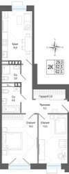 Планировка двухкомнатной(квартира) площадью 62.5 квадратных метров в ЖК “ЖК КИНОКВАРТАЛ”