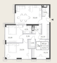 Планировка 4+ комнате(квартира) площадью 123.8 квадратных метров в “ЖК Will Towers (Вилл Тауэрс)”
