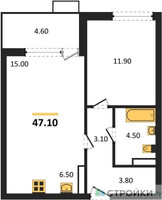 Планировка однокомнатной(квартира) площадью 47.1 квадратных метров в “ЖК Бунинские кварталы”