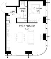 Планировка однокомнатной(квартира) площадью 50.6 квадратных метров в “ЖК Сити Бэй”
