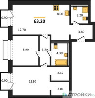 Планировка двухкомнатной(квартира) площадью 63.2 квадратных метров в “ЖК Равновесие”