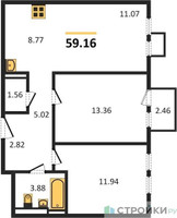 Планировка двухкомнатной(квартира) площадью 59.16 квадратных метров в “ЖК Остафьево”