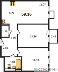 Планировка двухкомнатной(квартира) площадью 59.16 квадратных метров в ЖК “ЖК Остафьево”