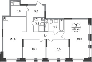 Планировка трехкомнатной(квартира) площадью 84.4 квадратных метров в “ЖК Первый Московский”