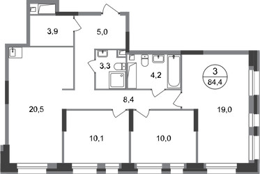 Планировка трехкомнатной(квартира) площадью 84.4 квадратных метров в ЖК “ЖК Первый Московский”