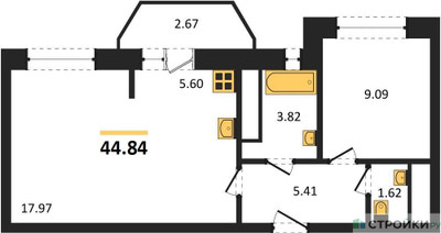 Планировка однокомнатной(квартира) площадью 44.85 квадратных метров в ЖК “ЖК ВОСТОК II”