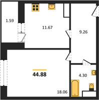 Планировка однокомнатной(квартира) площадью 44.88 квадратных метров в “ЖК Эдельвейс (Первомайское)”