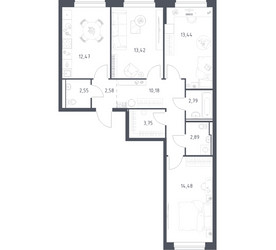 Планировка трехкомнатной(квартира) площадью 78.55 квадратных метров в ЖК “ЖК Егорово Парк”