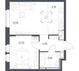 Планировка однокомнатной(квартира) площадью 43.13 квадратных метров в ЖК “ЖК Большое Путилково”