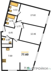 Планировка двухкомнатной(квартира) площадью 77.6 квадратных метров в ЖК “Жилой квартал Кутузов Град”