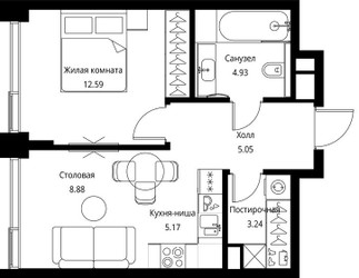 Планировка однокомнатной(квартира) площадью 39.86 квадратных метров в ЖК “ЖК Сити Бэй”