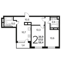 Планировка двухкомнатной(квартира) площадью 58.4 квадратных метров в “Новые Ватутинки. Заречный”